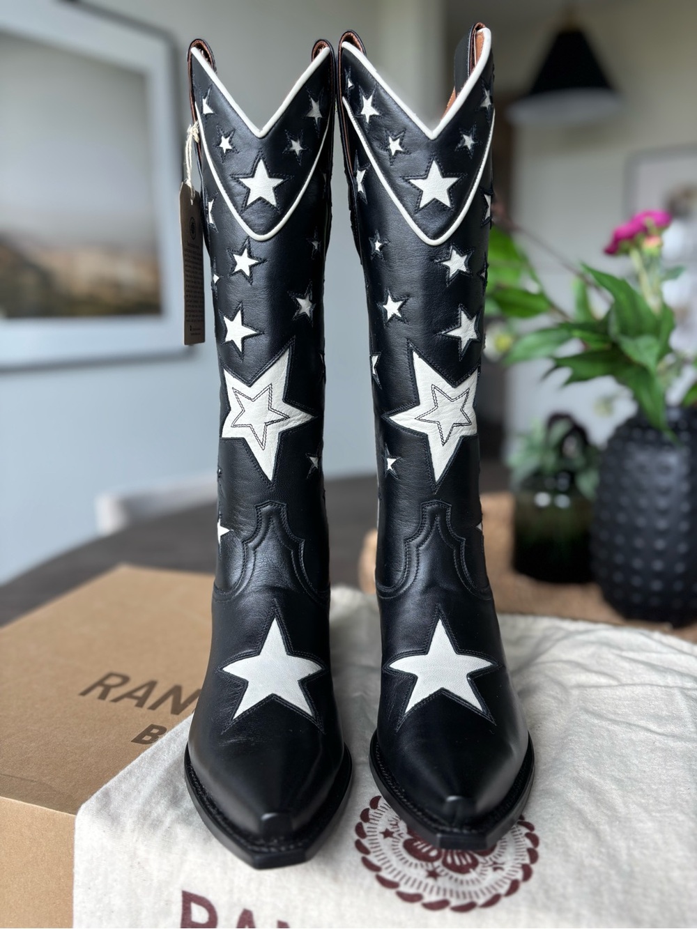 Ranch Road Presidio Black White Star Tall Leather Western Cowgirl Cowboy Boots - Picture 7 of 16